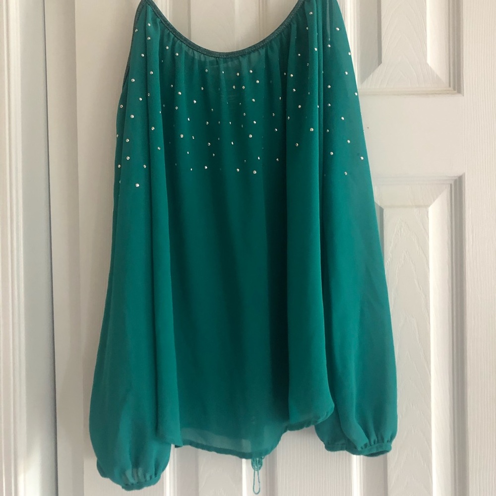 Teal off the shoulder stone top